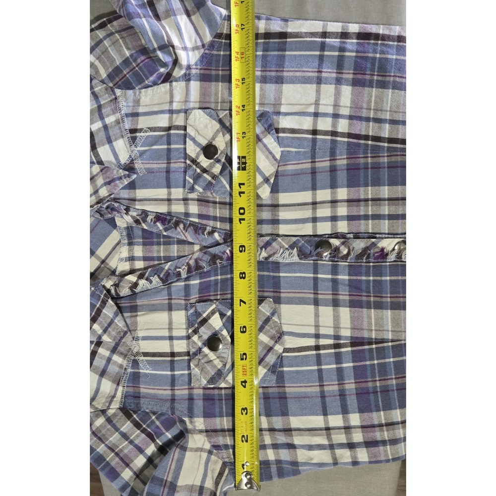 Arizona Jean Co Y2K Women's M Blue Purple White Plaid Shirt Frayed Snap Buttons - Picture 5 of 8